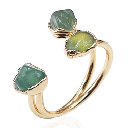 Three Stones Irregular Green Aventurine Open Ring for Women Girls Gold-color Boho Rough Stone Finger Jewelry Resizable