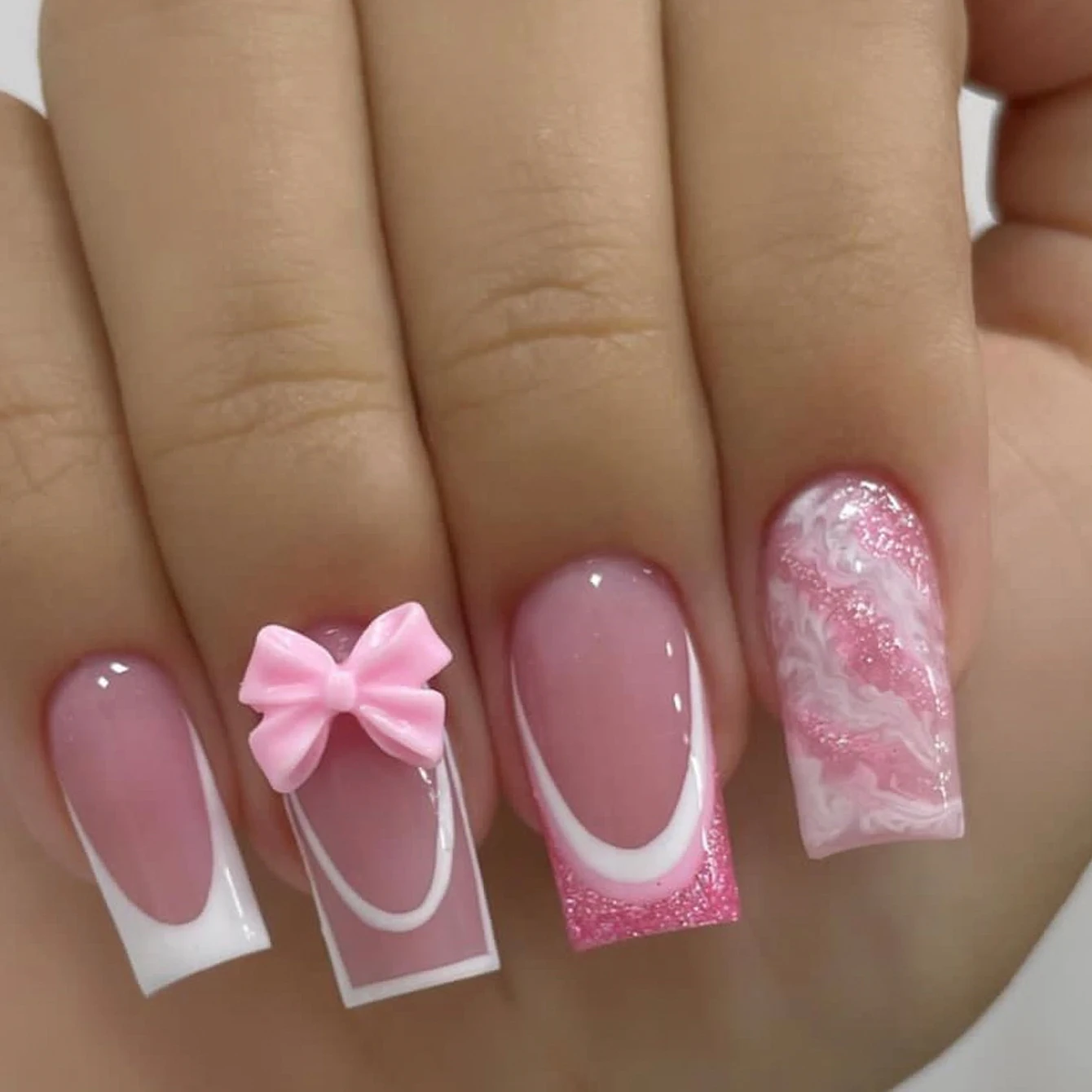 24 Stück – Lange, kastenförmige Kunstnägel, rosa, dreidimensionaler Schmetterling, rosa Blumenverzierung, geeignet für Dates, Abendessen. – Detail 19