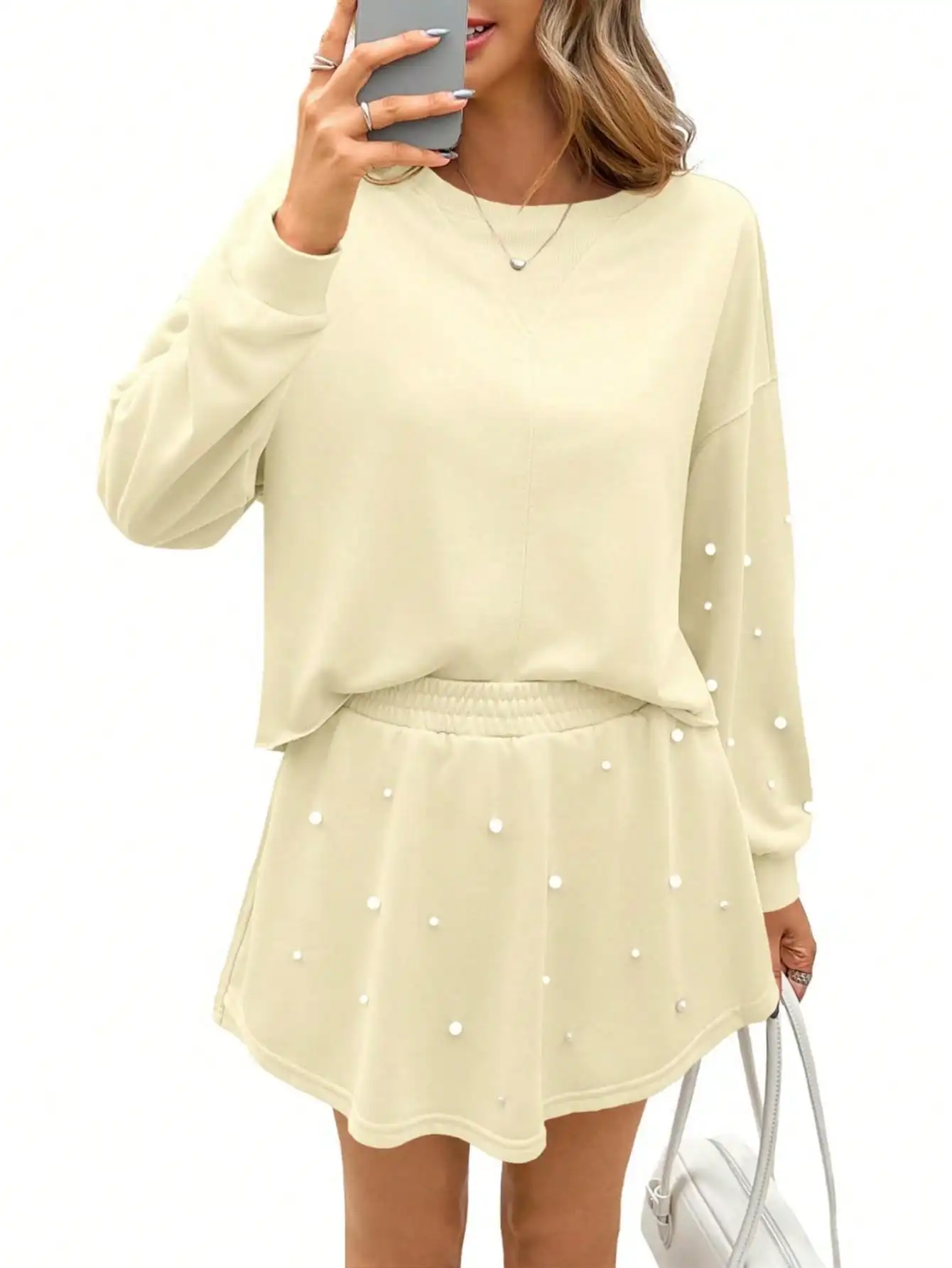

Fisoew Pearl Decor Long Sleeve Sweatshirt & Loose Skort Mini Skirt Set Coquette Aesthetic Outfits Loungewear Sets Matching Set