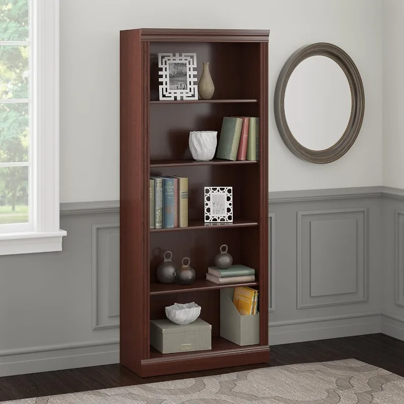 Bush Furniture Saratoga 5-Shelf Bookcase Large Open Bookcase with 5 Shelves in Harvest Cherry Sturdy Display Cabinet