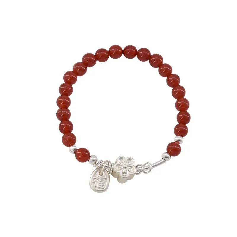 925 Sterling Silve Red Agate Bracelet for Women Flower Pendant Lucky Bead Originality Jewelry Gift Dropshipping - view 6