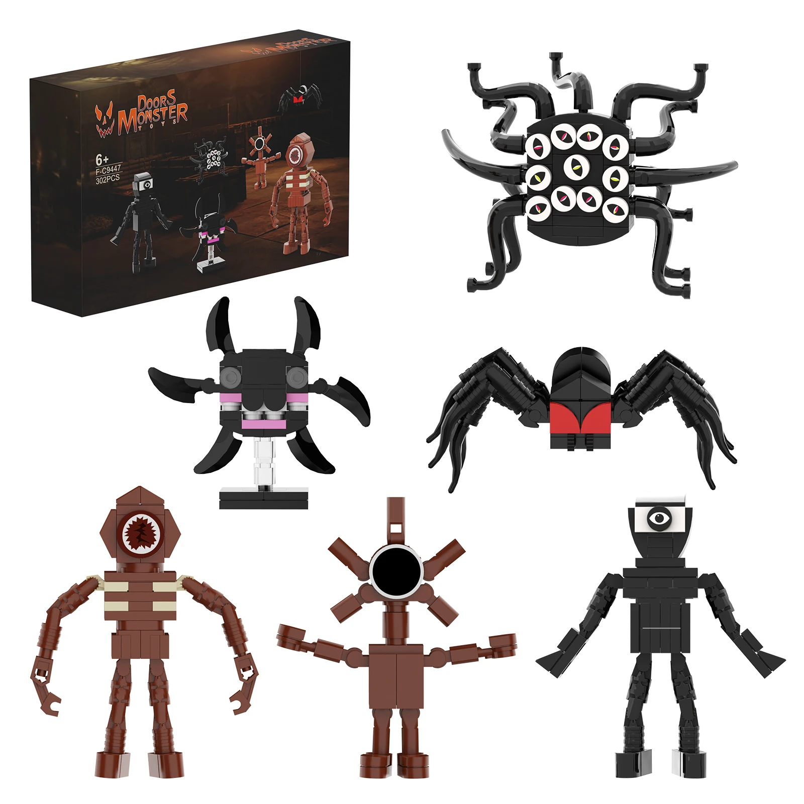 6-in-1 Mini Horror Game Doors Demo Villains Figures Screech Tentacle Man-Eating Monsters Building Block Toys for Christmas Gift