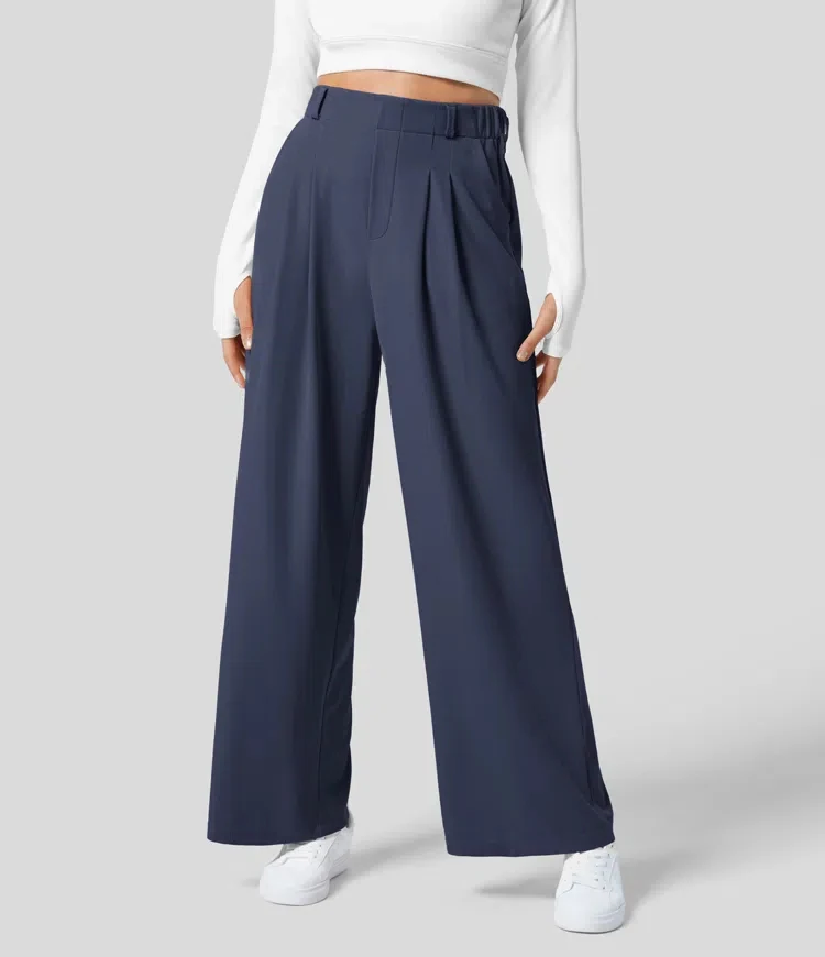 Damenhose, karierte, figurbetonte Hose mit weitem Bein und Taschen, hochtaillierte, lässige, figurbetonte Hose mit weitem Bein für Damen. – Detail 20