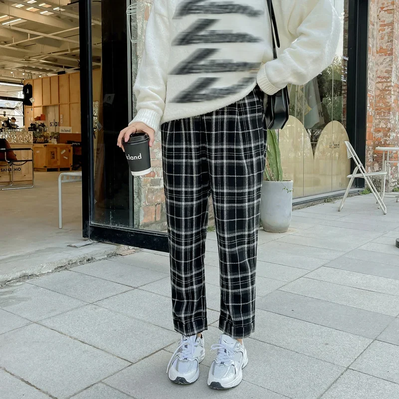 Plus Size Korean Style Plus Size Women's Black And White Plaid Carrot Pants Woolen Ankle Cuffing Casual Pants Women's Clothin...