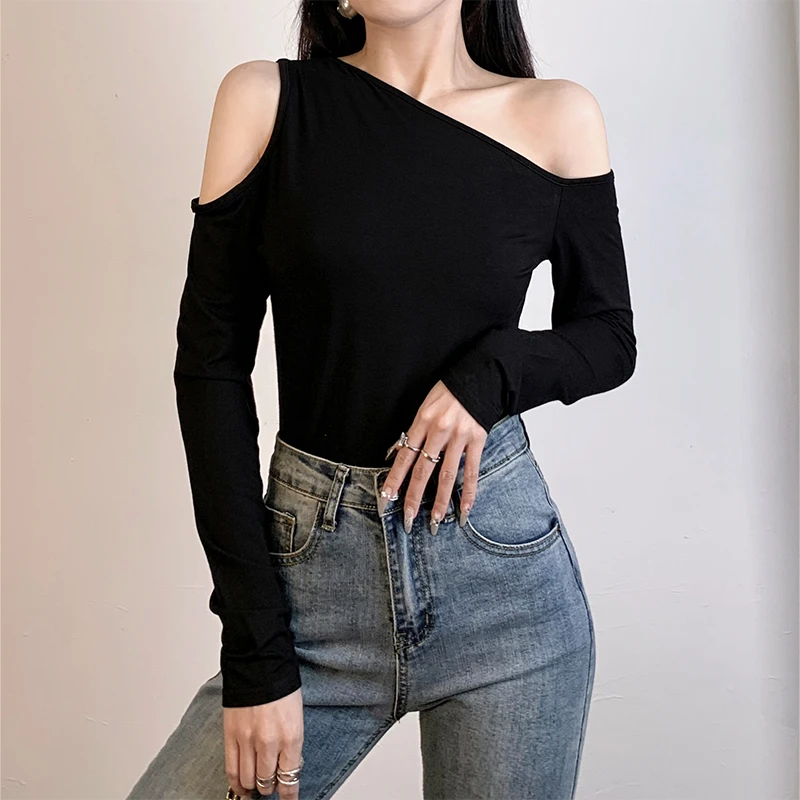 

Bla Slim Fit oulder Baring Top Women's Inner Wear Design Sensation Bone Exposure Base irt Commute Sle Long Sve T-s...