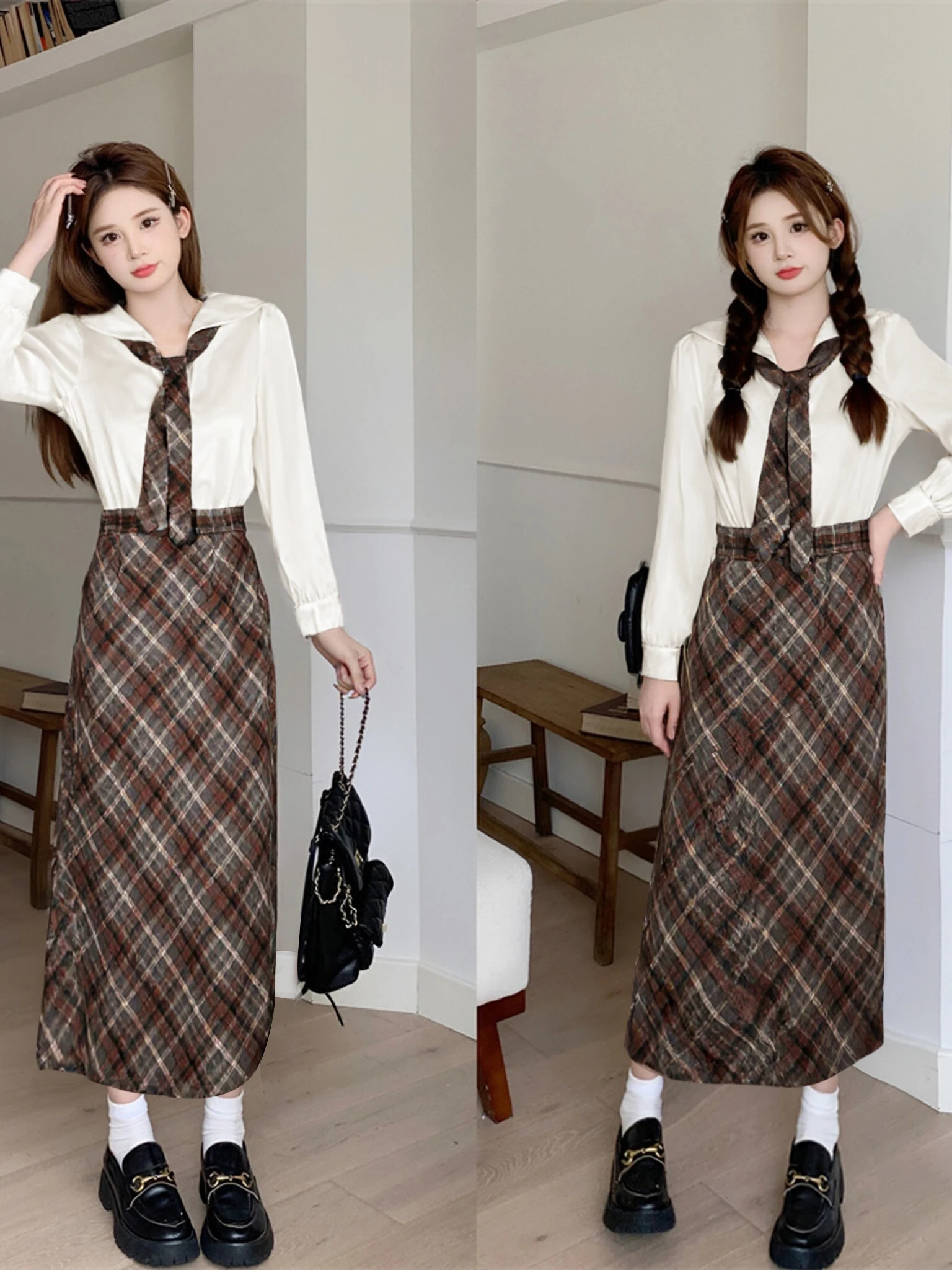 

Костюм-двойка для похудения с воротником-стойкой, осень 2025, модный, с контрастными цветами, деловой, женский, из полиэстера, с длинным рукавом