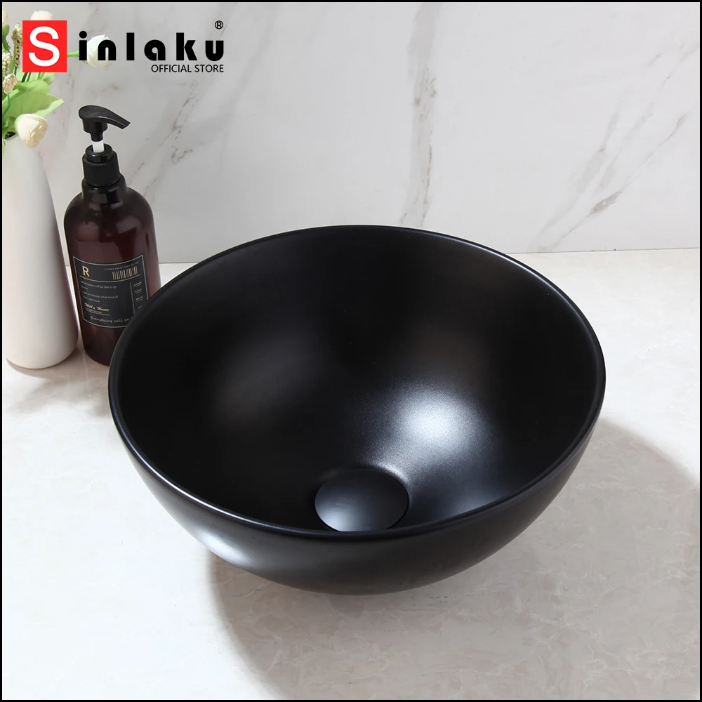 

SINLAKU Polish White & Black Round Ceramic Basin Sink Bathroom Washbasin Matte Black Finish Deck Mount Ceramic Sink W/ Pop Drain