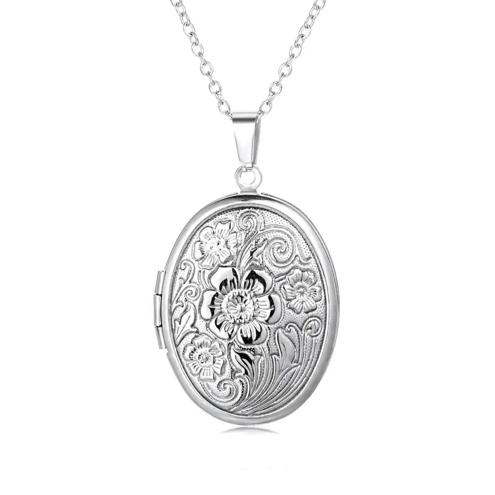 Ovale geschnitzte Blumen-Medaillon-Anhänger-Halskette aus Edelstahl, Schmuck, Geschenk für Frauen und Mädchen – Detail 1