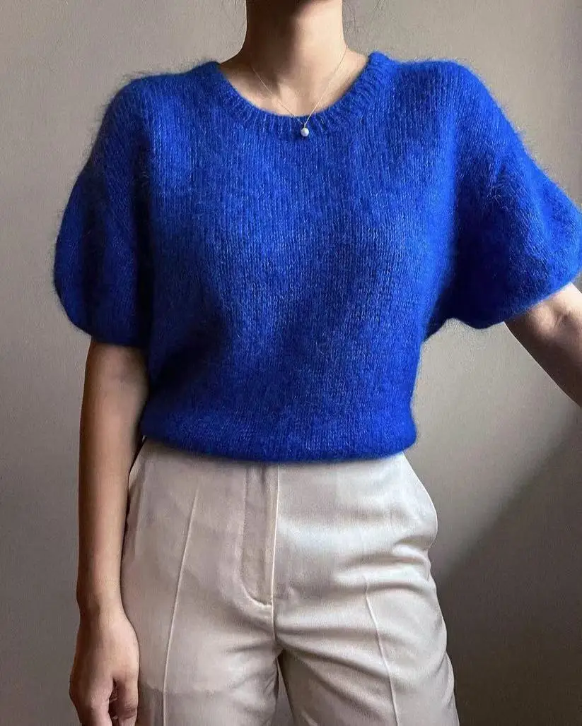 Handmade Woven Bubble Sleeves Mohair Sweater, Knitted Pullover in Navy Blue, New European and American Fashion