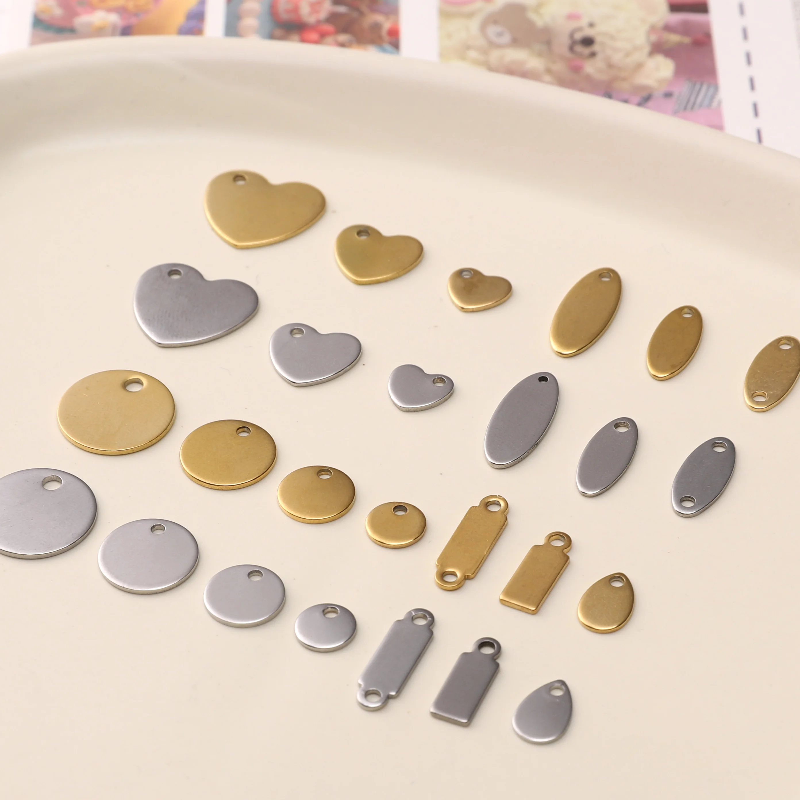 5/20Pcs Gold/Rhodium Stainless Steel Circular/Heart /Elliptical/Long Strip/Water Droplet Shape Pendants For Jewelry DIY Making