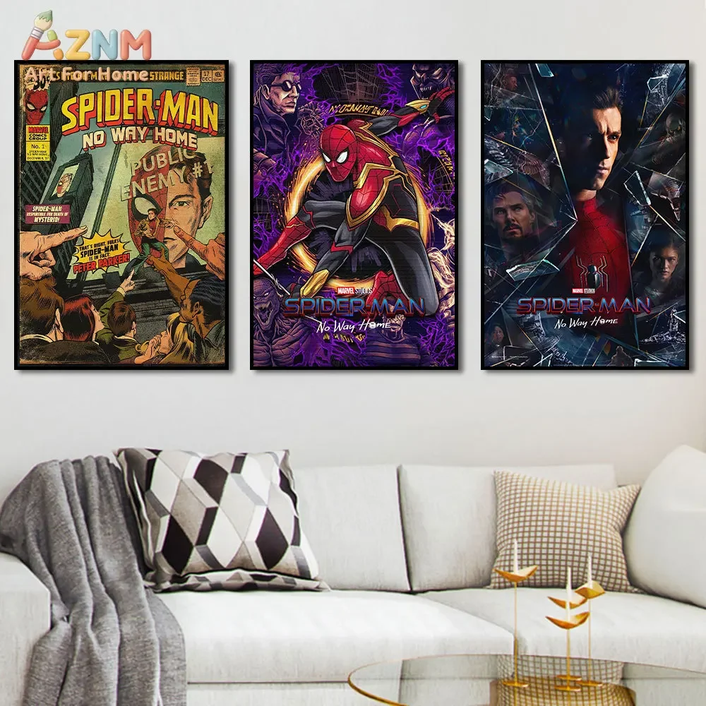 AZNM Marvel Spider-Man No Way Home Frameless Canvas Print, Retro Three Spider-Men Hug Wall Art, Superhero Home Decor Poster, Cla