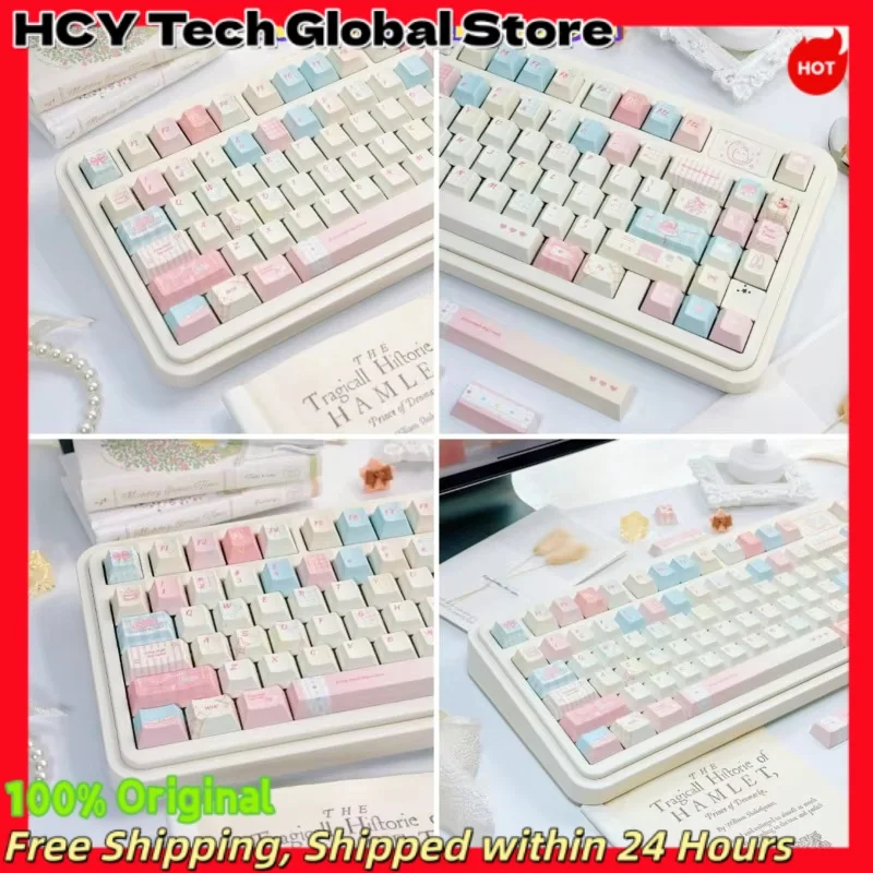 HCY Kawaii Sweet Pink Plaid Bow PBT Keycaps Cherry Profile 5-Side Dye Sub Wearproof MX Cross Stem Keycaps For 60 65 75 Alice KBD