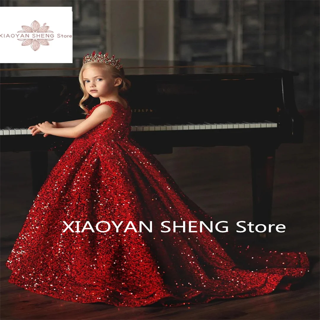 、Flower Girl Dress Gorgeous Starry Red Sleeveless Sequins Princess Ball First Communion Dresses Kids Surprise Birthday Present