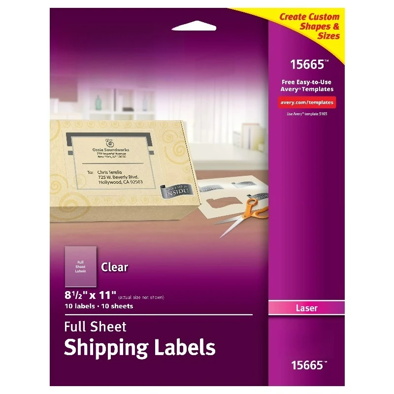 

Shipping Labels, Permanent Adhesive, Matte Frosted Clear, 8-1/2" x 11", 10 Labels (15665)