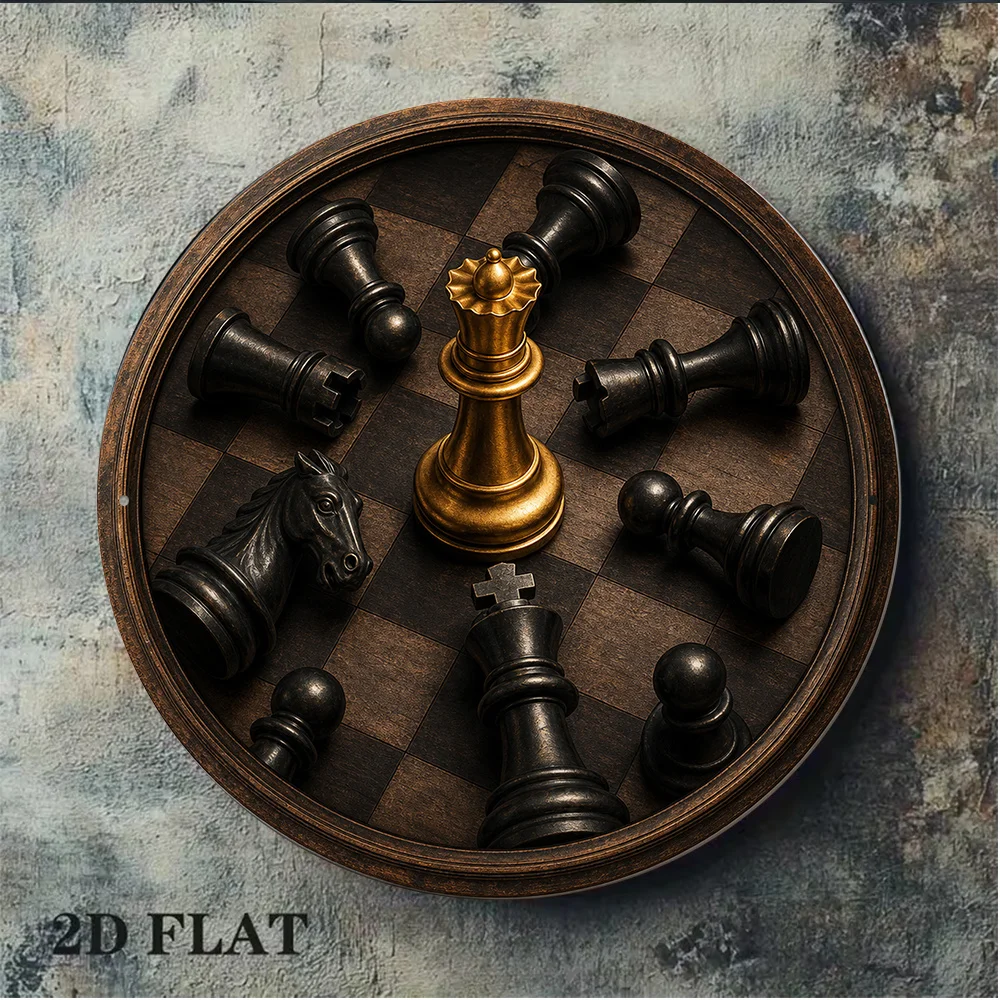 Vintage Chess 2D Round Aluminum Sign Chess Pieces Decor Plaque For Living Room Study Office Wall Art Gift