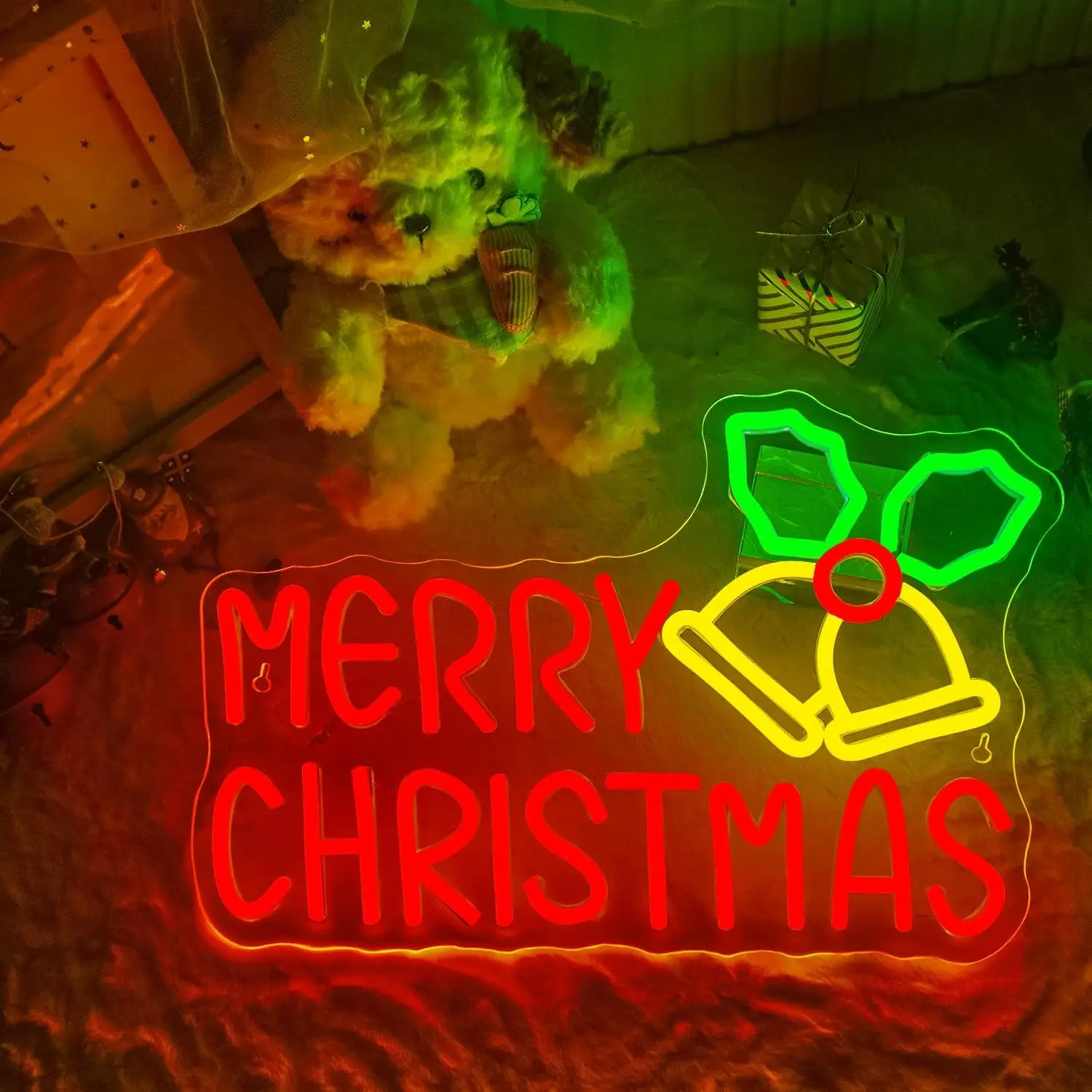 

Merry Christmas Neon Sign Christmas Bells Red Led Signs for Wall Decor Usb Light Up Sign for Bedroom Living Room Shop Door Bar C