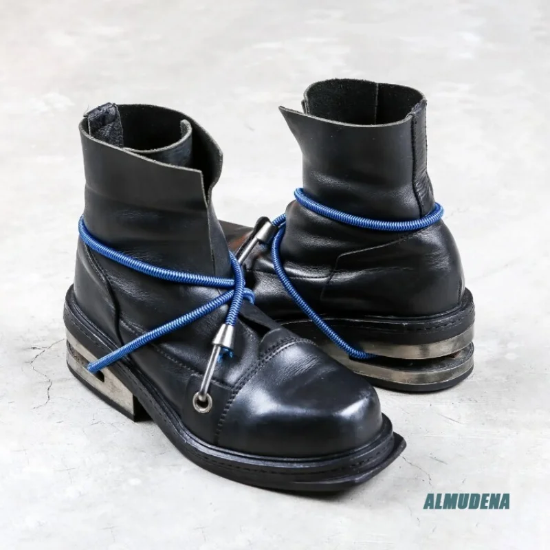 

Multi-Strap Black Street Style Leather Ankle Boots Punk Metal Heel Square Toe Urban Fashion Hiking Boots for Men 2026 New