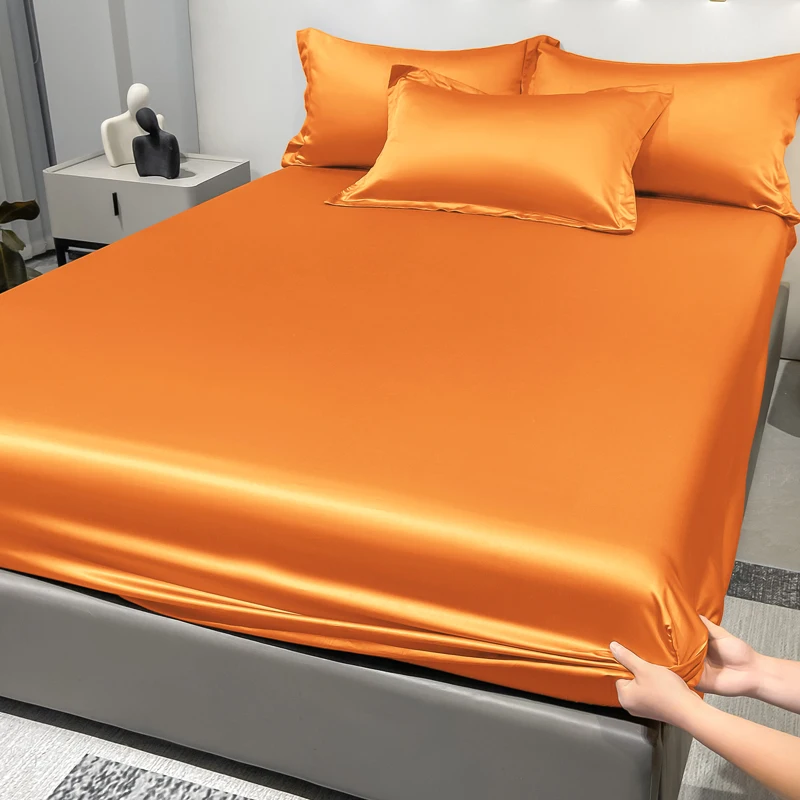 1 Simple Modern Satin Solid Color Fitted Sheet,Orange Color Ice Silk Bedspread For Bedroom,Bedding (Excluding Pillowcases)