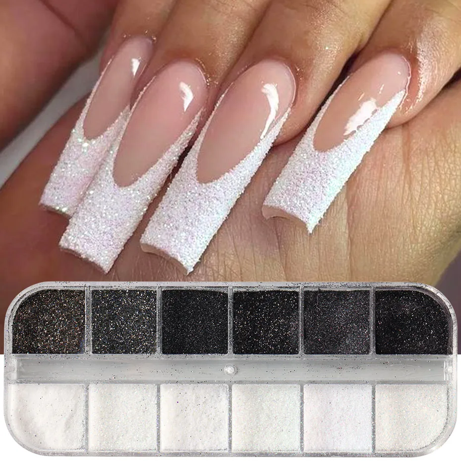 مسحوق لامع للأظافر باللون الأسود والأبيض، تأثير مطلي بالسكر قزحي الألوان، تصميم فرنسي أنيق لحفلات الزفاف، رقائق صبغ الكروم اللامعة #2