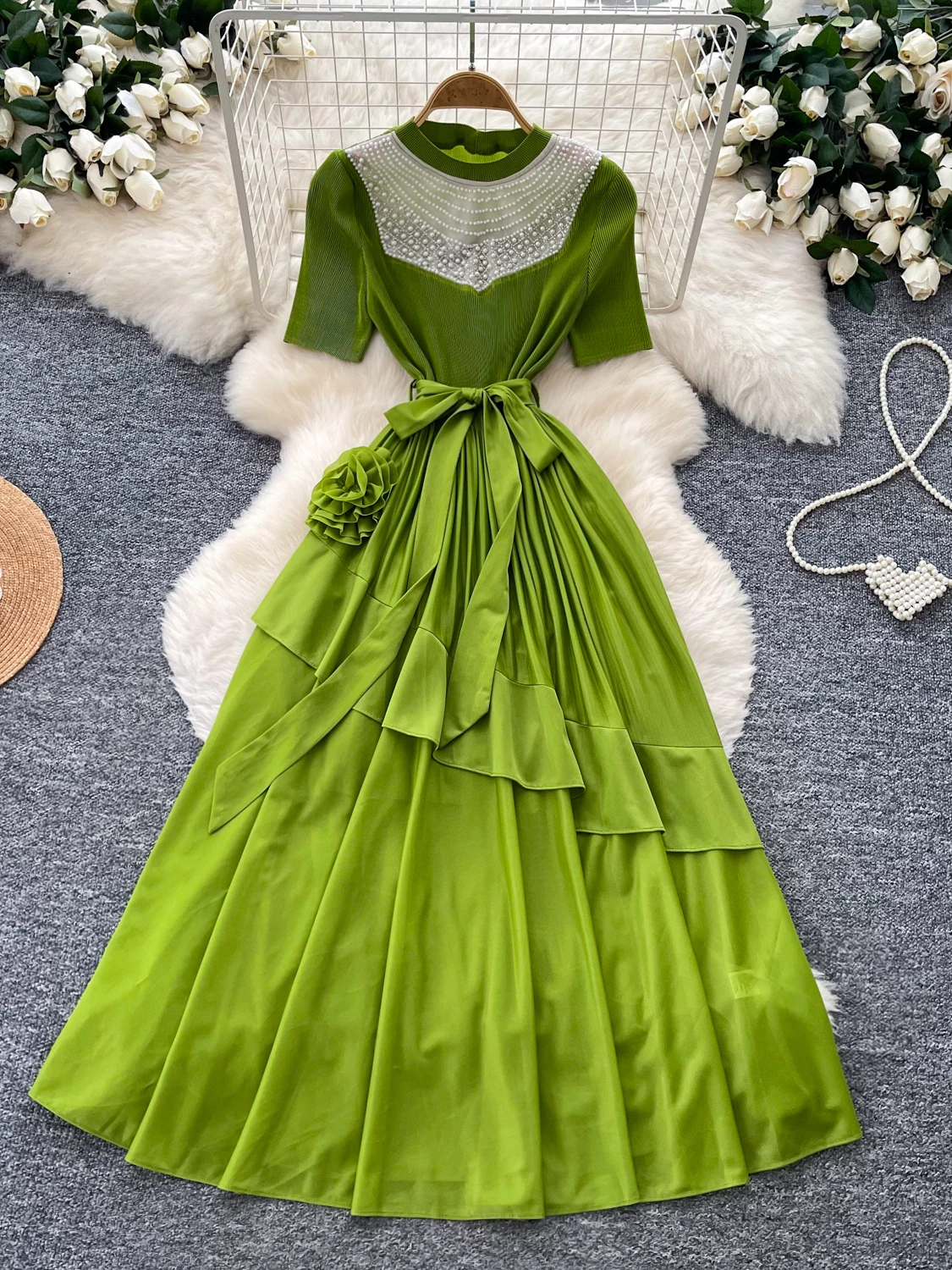 

Heavy Embellished Asymmetrical Dress Green Lace Paneling Slimming A-Line Long Dress for Women Summer Season City Commute