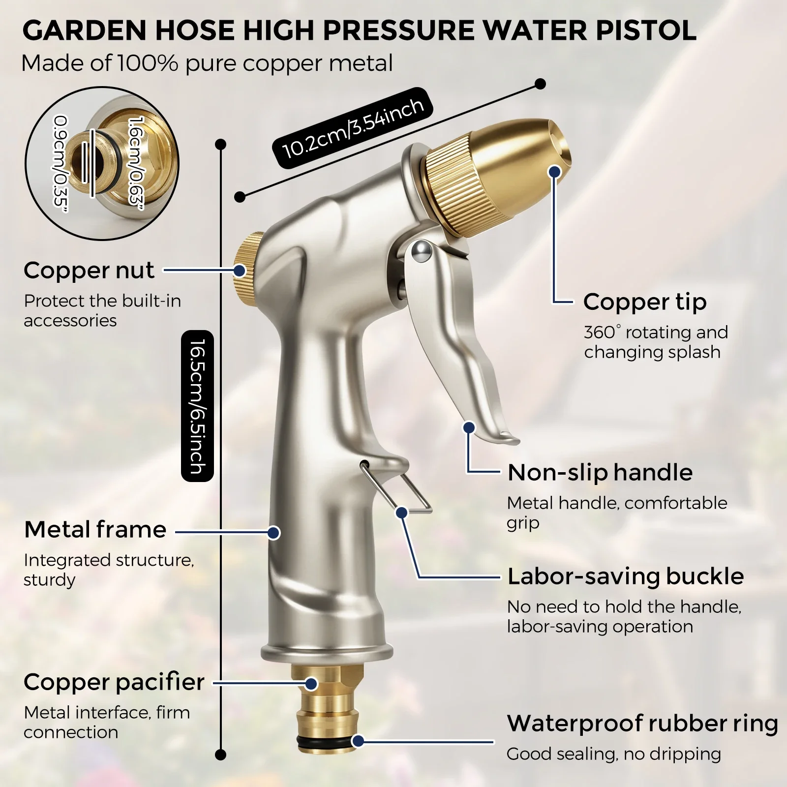 Heavy Duty Metal Garden Hose Nozzle High Pressure Spray Gun Brass Head with 3/4