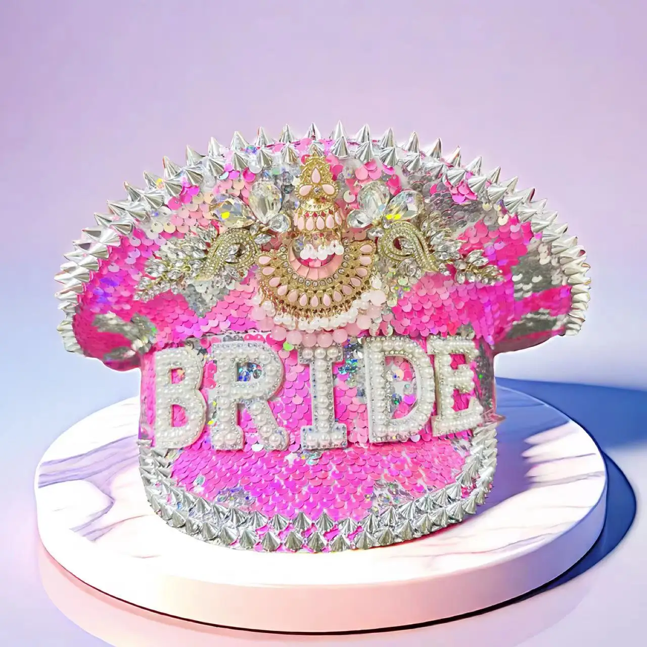 HongLuan Rosa Braut Kapitän Hut Strass für Hochzeit Frauen, Vintage Militärzubehör & Mütze für Junggesellenabschied Frau