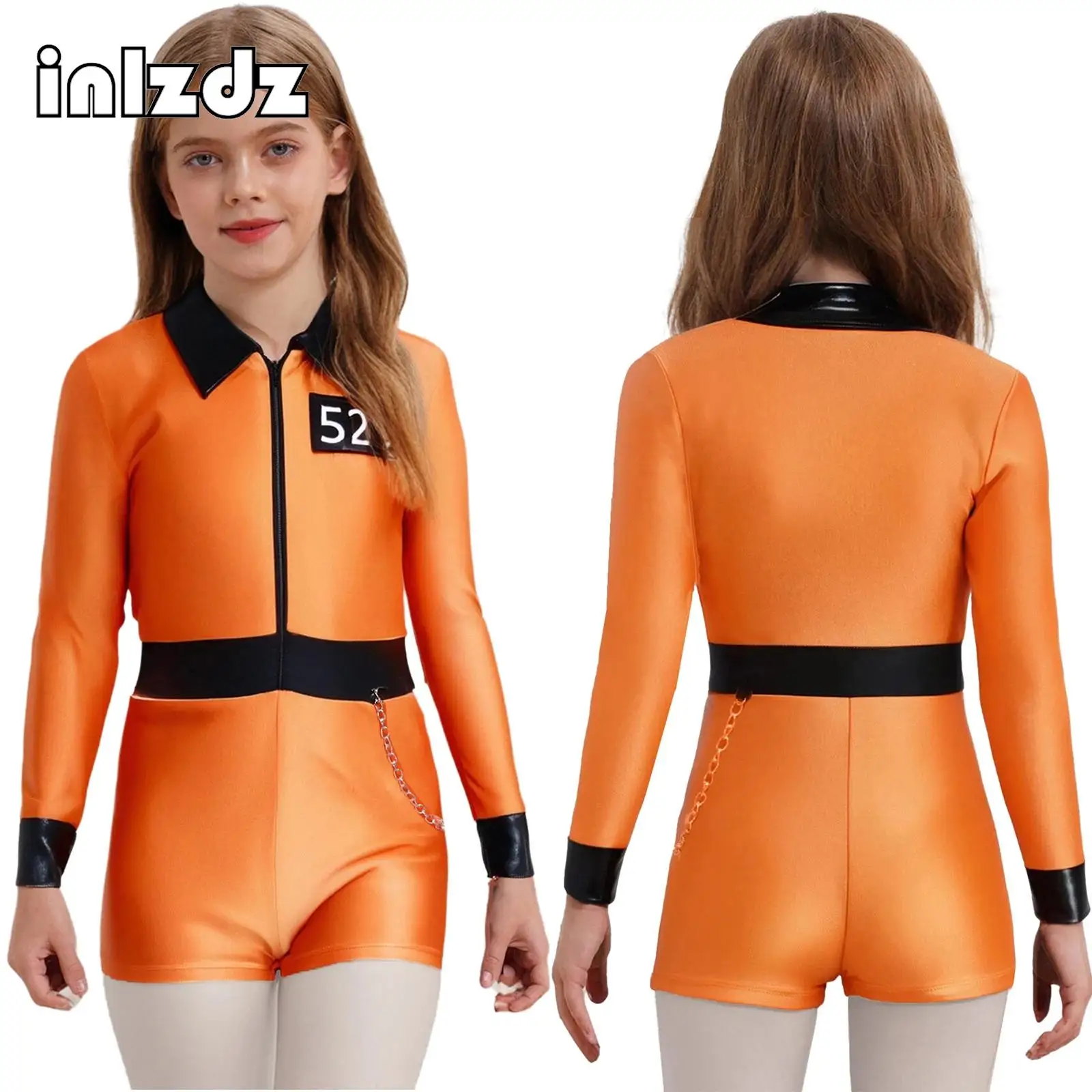

Girls Convict Costume Prisoner Cosplay Costume Halloween Orange Jailbird Inmate Jumpsuit Long Sleeve One Piece Full Body Suit