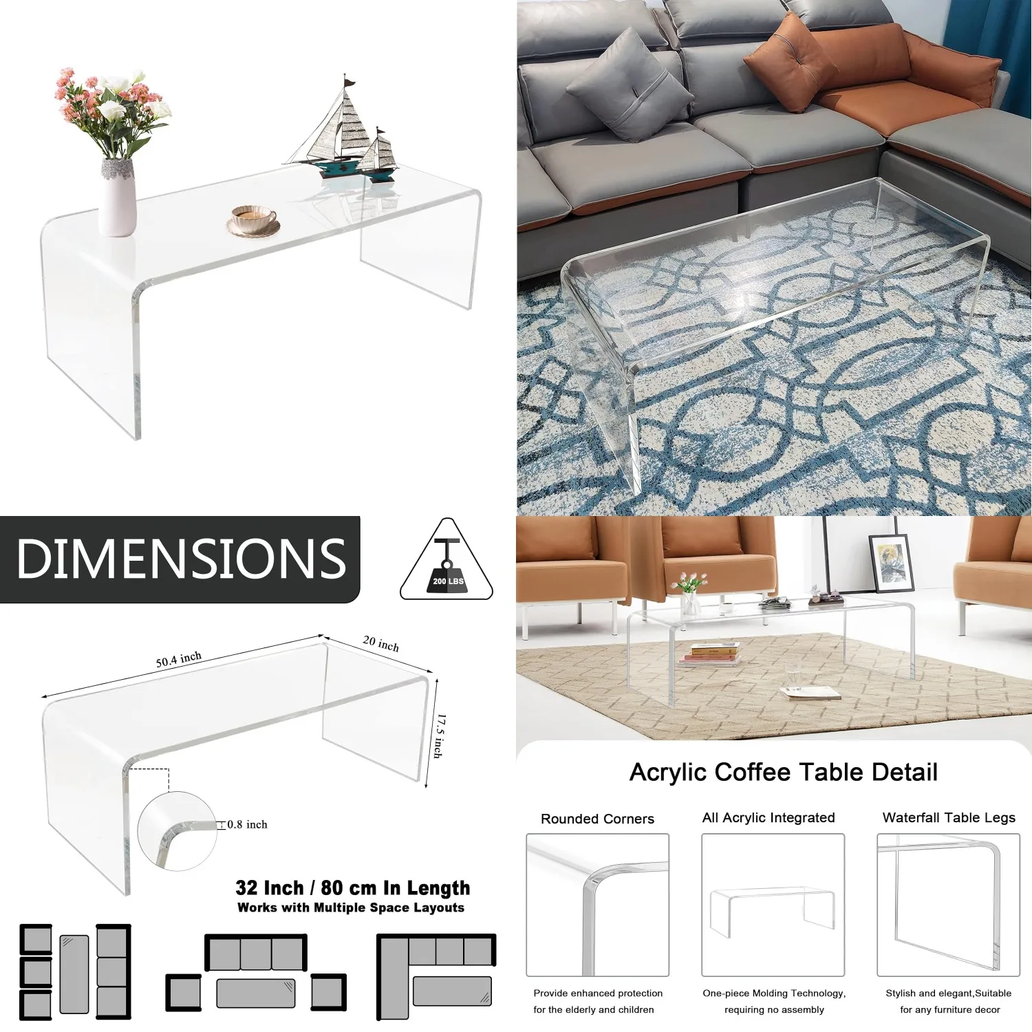 

Clear Acrylic Coffee Table Waterfall Rectangle 50.4"x17.5"x20"x0.8" Thick Modern Living Room Furniture, Customized