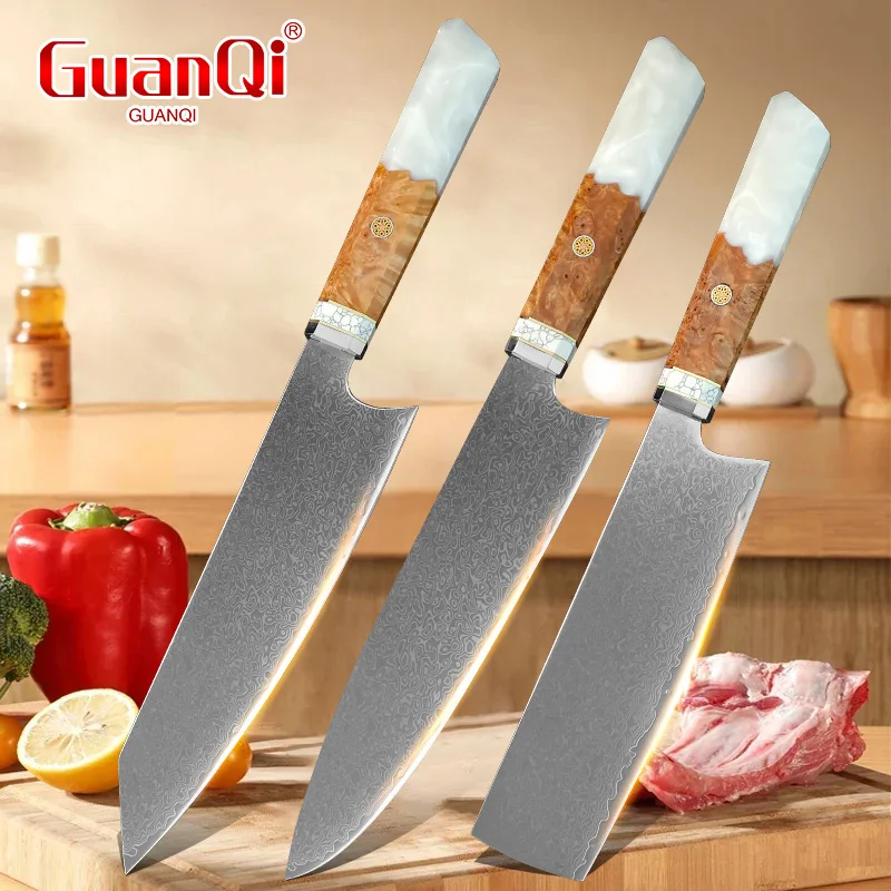 Professional Damascus Steel Forged Chef Knife Resin Wood Handle Meat & Vegetable Fruit Fish Knife Multi-function Cooking Knife