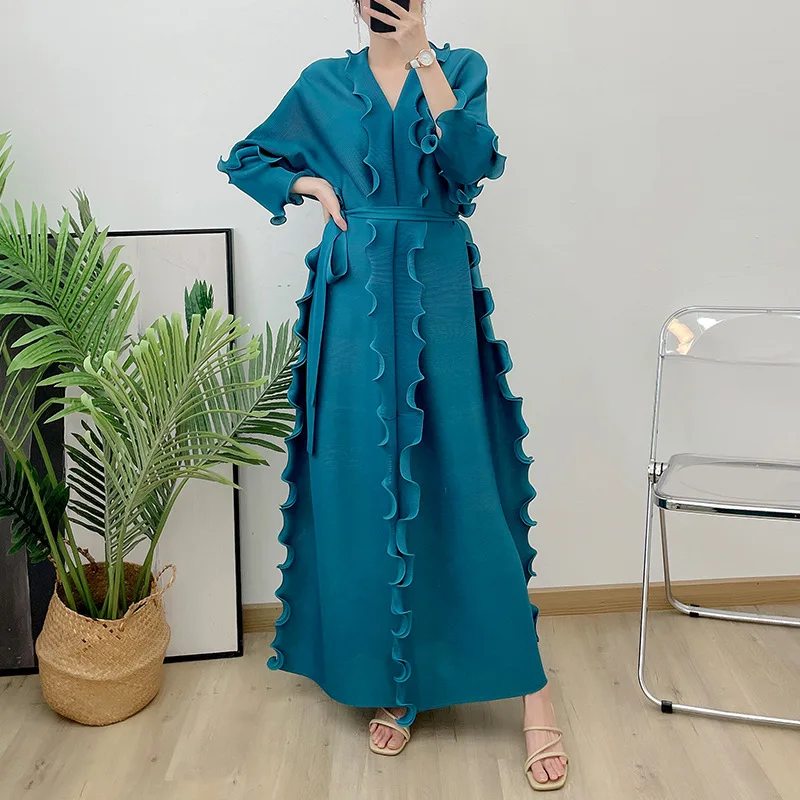 

Pleated Dress for Women 2023 Spring and Autumn Period New V-neck Ruffles Edge Design Midi Loose Elegant Dresses