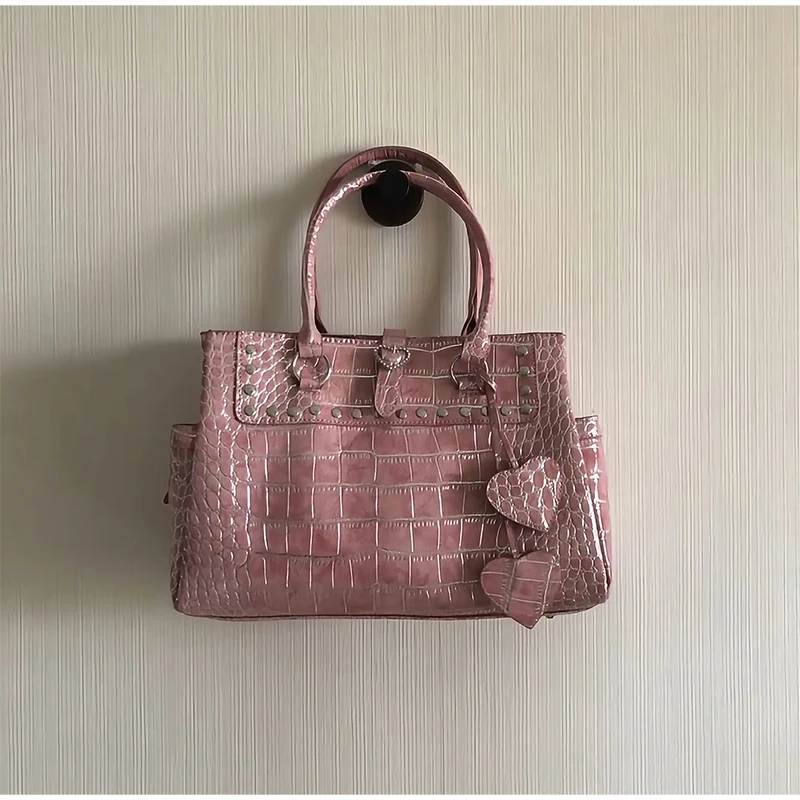 Umhängetasche mit Krokodilmuster und Prägung, Damenhandtasche mit großem Fassungsvermögen, Designer-Aktentasche, Y2k-Mädchen-Pendlermode-Handtasche, Rosa – Detail 17