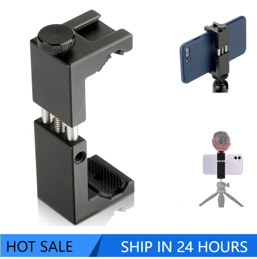 Aluminum Phone Tripod Mount Cold Shoe Mount, Support Vertical and Horizontal, Universal Adjustable Clamp for iPhone 12 11 Pro