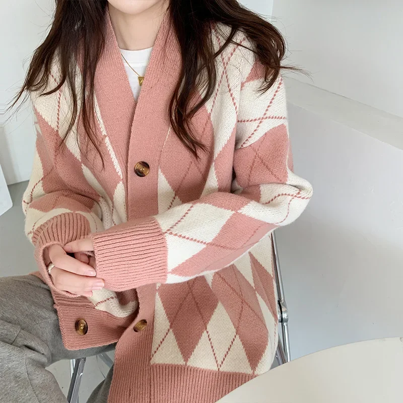 Antumn Knitted Sweater Cardigan Woman Coat Diamond Sweater Jumpers Long Sleeve Top Female Loose Pink Black Argyle Cardigan Women