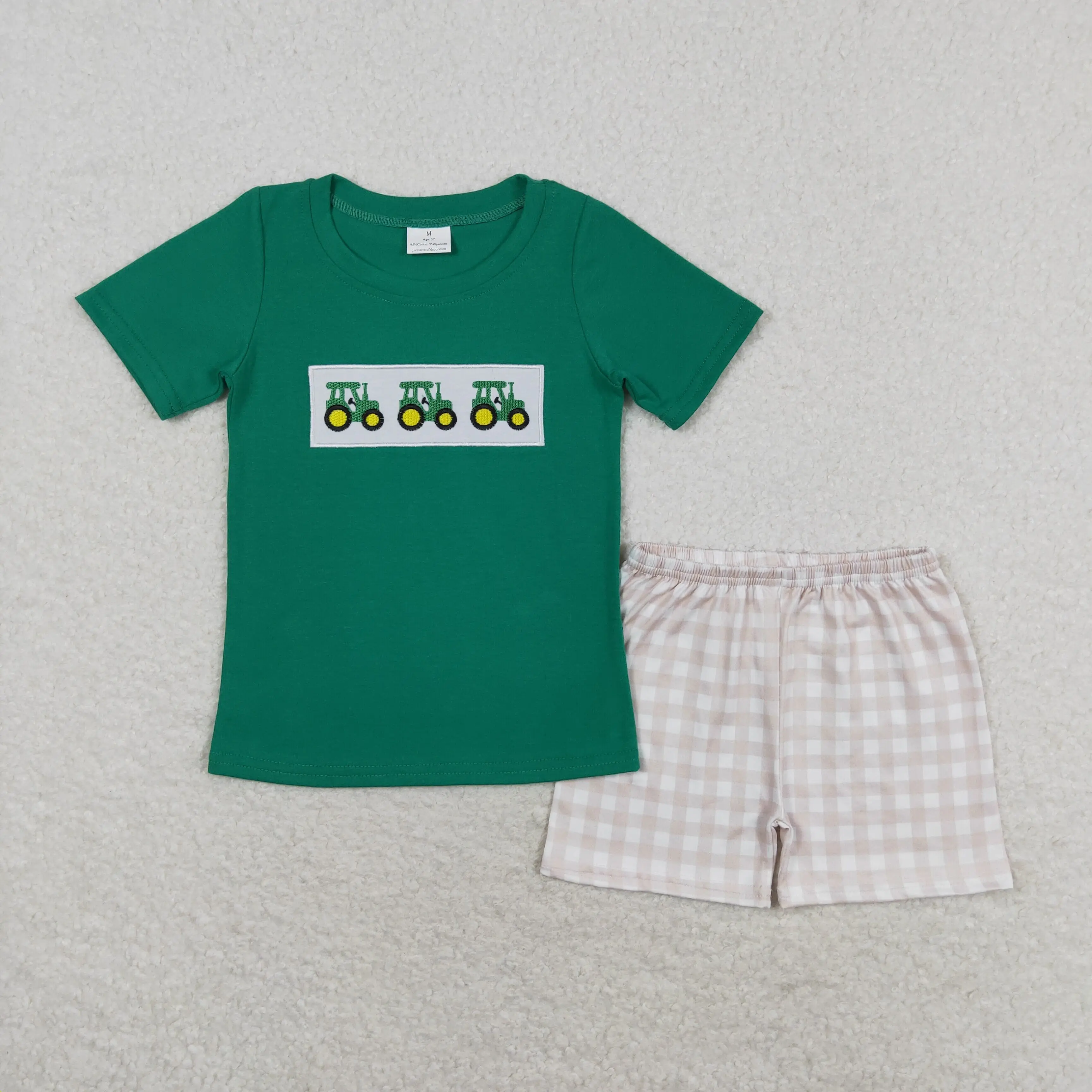 Wholesale Toddler Yellow Short Sleeves Cotton Plane T-shirts Kids Plaid Shorts Outfit Children Embroidery Summer Sets