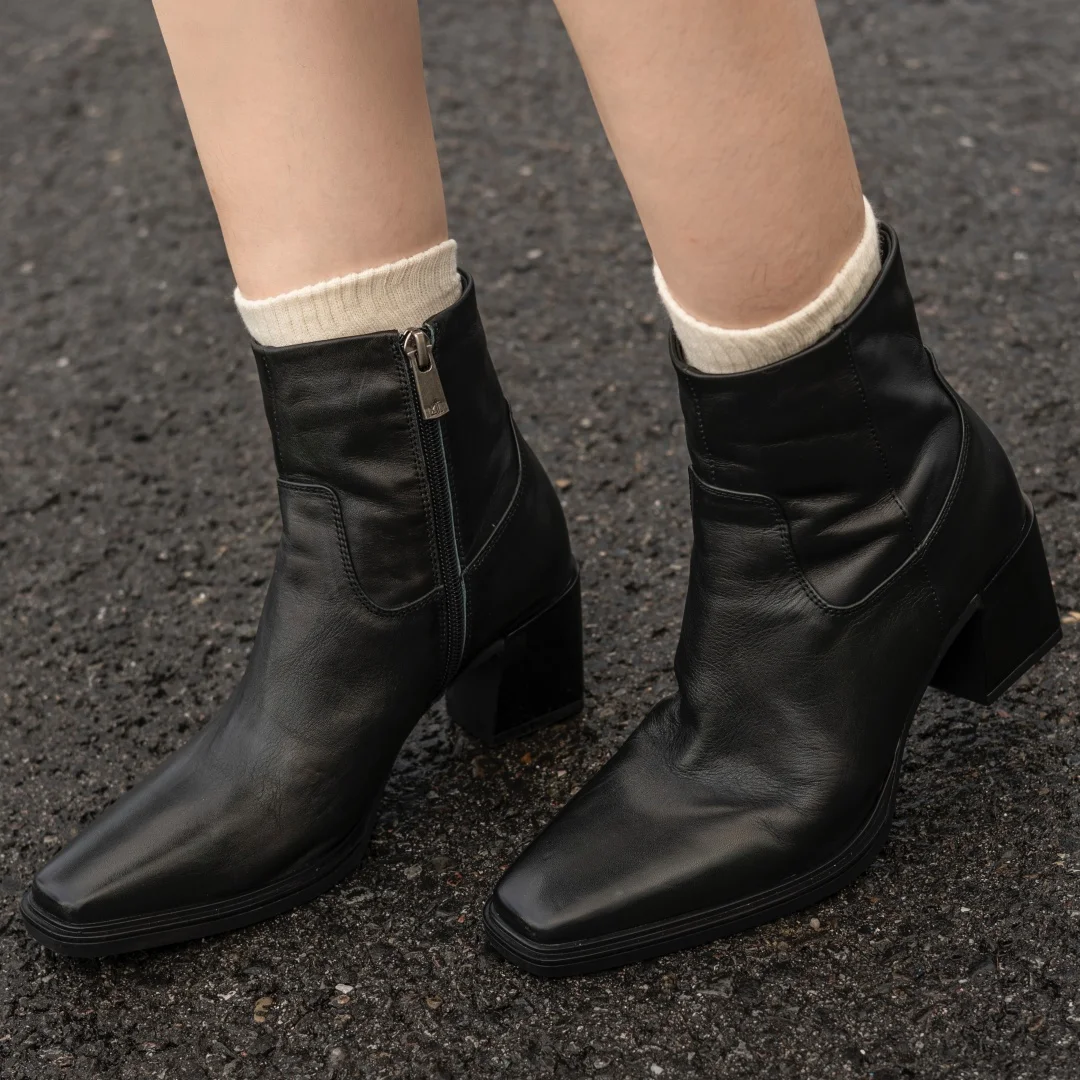 

Women's cow leather square toe side zip autumn ankle boots 6cm thick med heel elegant ladies high quality soft dress short boots