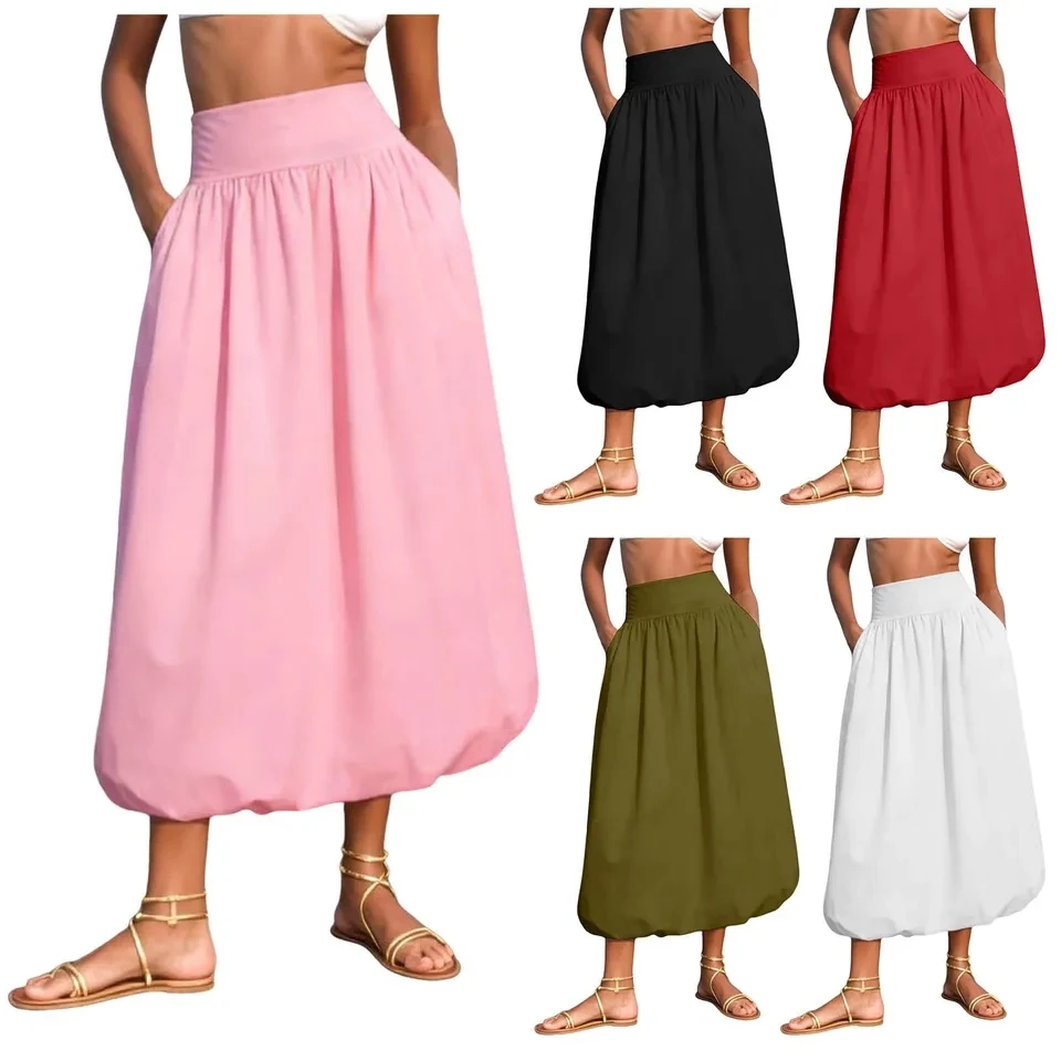 Women's Balloon Long Skirts Elegant High Waist Flowy A-Line Skirt Korean Fashion Ladies Bud Skirts With Pockets Streetwear