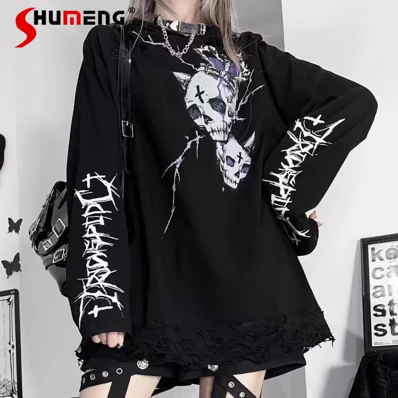 

Women's Clothing Printed Tees Subculture Dark Loose Shoulder Sleeves Long-Sleeved Hooded T-shirts Street Style Japanese Tshirts