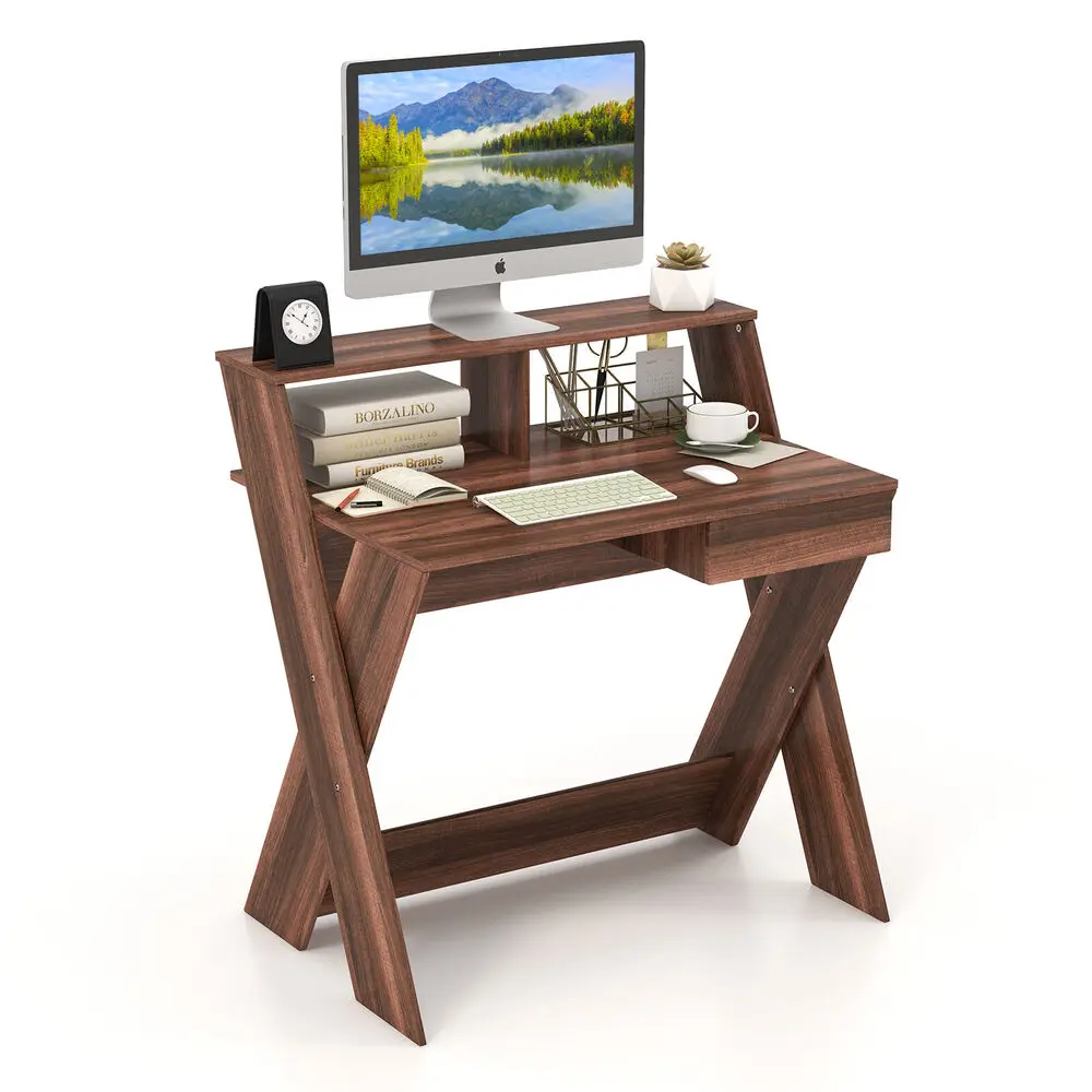 Costway Study Writing Table Computer Desk Small Space w/ Drawer & Monitor Stand Walnut