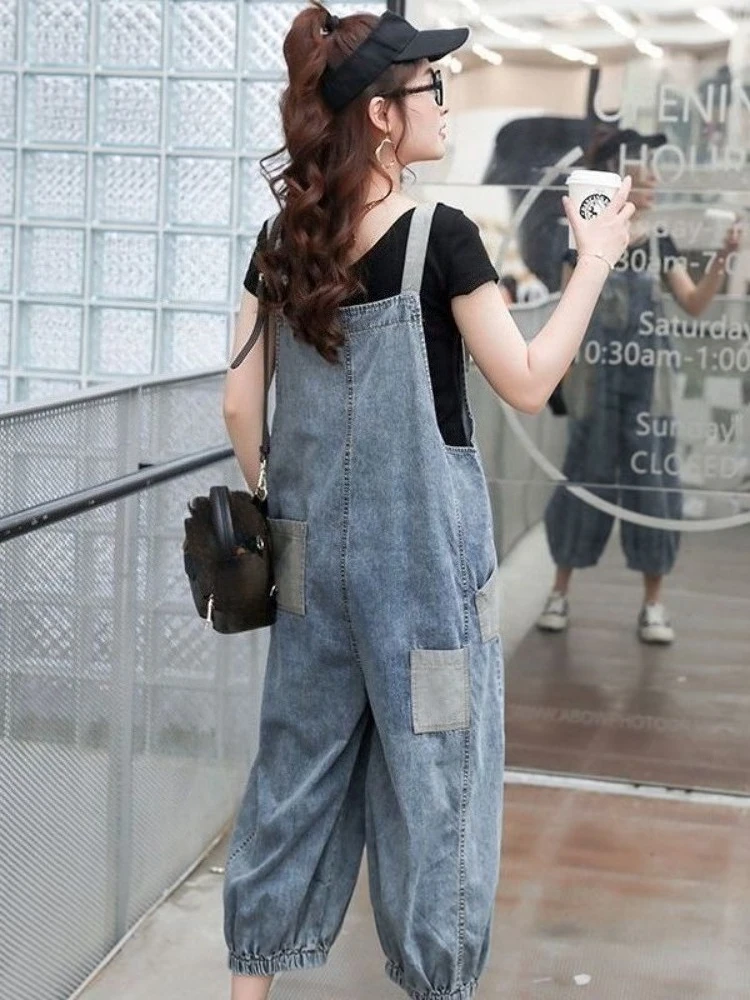 

Джинсовый комбинезон женский винтажный весенне-осенний новый удобный свободный в стиле пэчворк, фасон «галифе», длина до щиколотки, молодежный, в гонконгском стиле