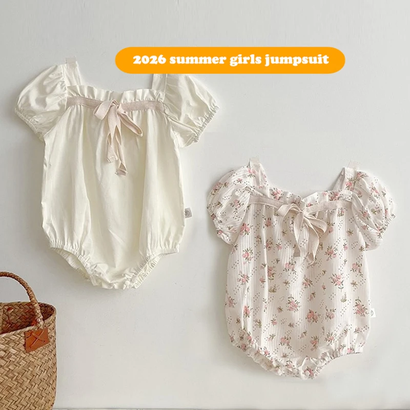 2026 Summer Soft Baby Rompers Newborn Baby Girl Floral Puff Sleeve Romper with Bow-tie Princess Baby Onesie for 0-2Y