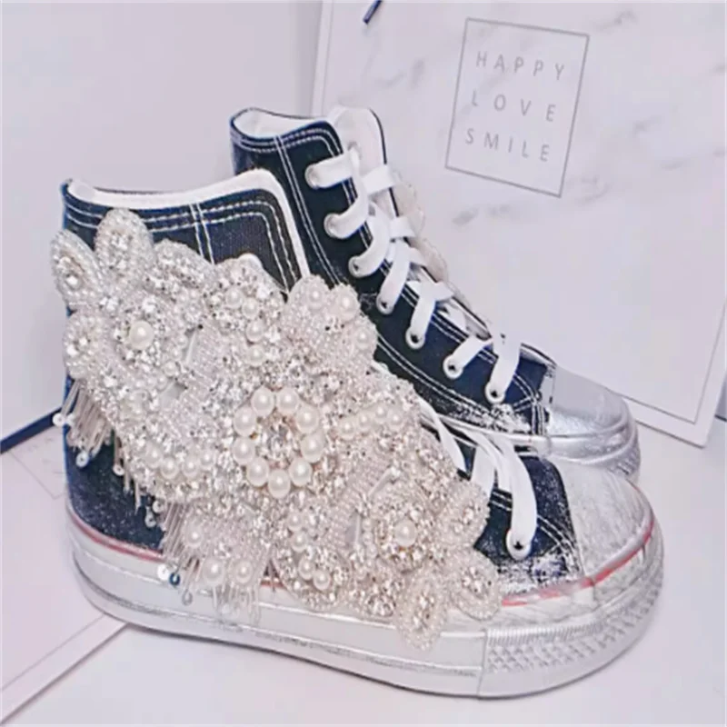 Heavy rhinestone fringe accessories High top wedding plimsolls handcrafted lace-up comfortable casual women's shoes 35-40