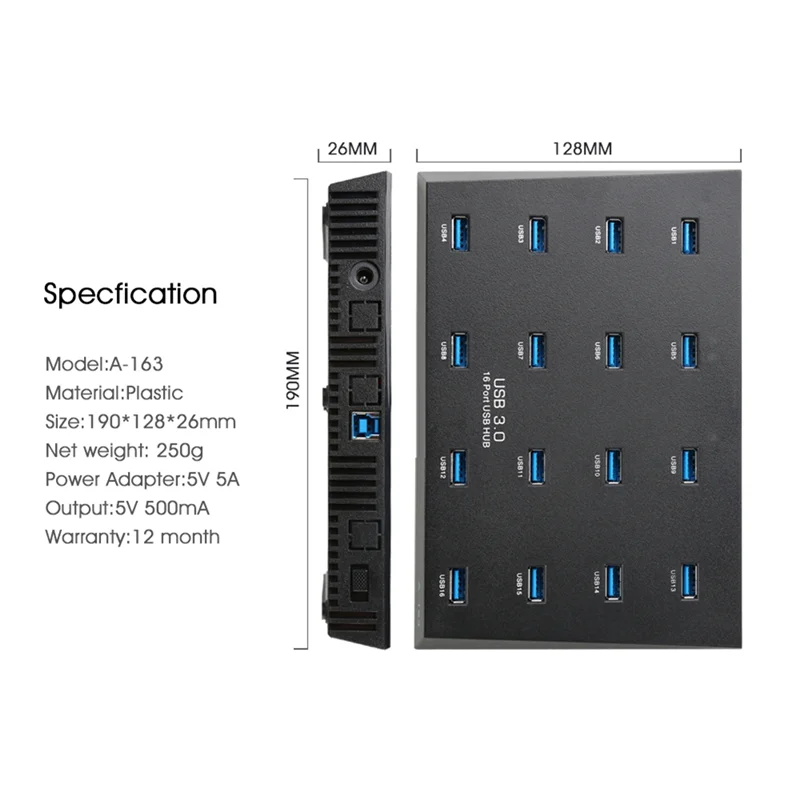 

New-A-163 25W Powered Super Data Speed 5Gbps 16 Ports USB3.0 Duplicator Hub USB Flash Driver Copier EU PLUG