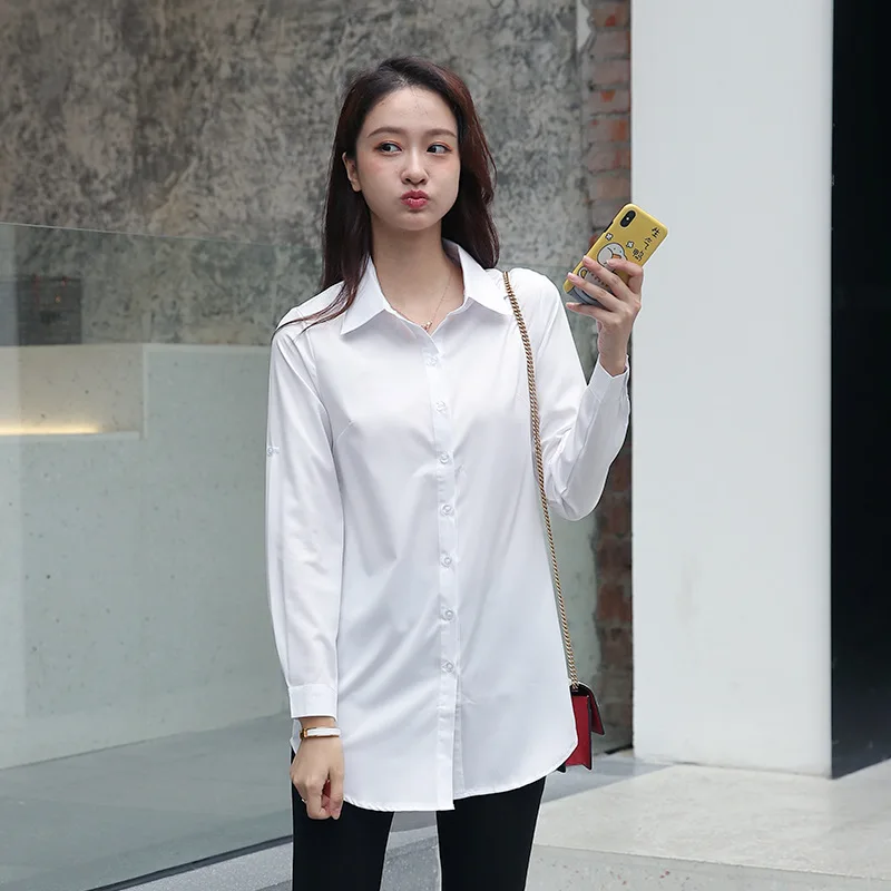 Mid Length Women Shirt Korean Fashion Womens Tops BF Sexy Shirt Long Sleeve Blouse Women Autumn Female Clothes White Shirt Women