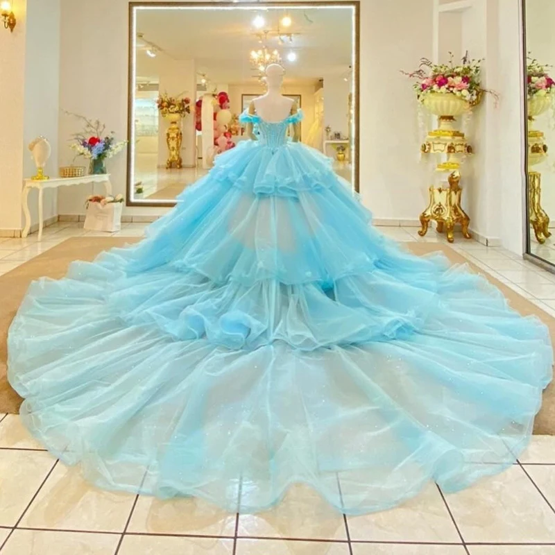 Sky Blue Glitter Quinceanera Dresses Charming Princess Beads Crystal Tull Tiered Off The Shoulder Sweet 16 Dress Vestidos De 15