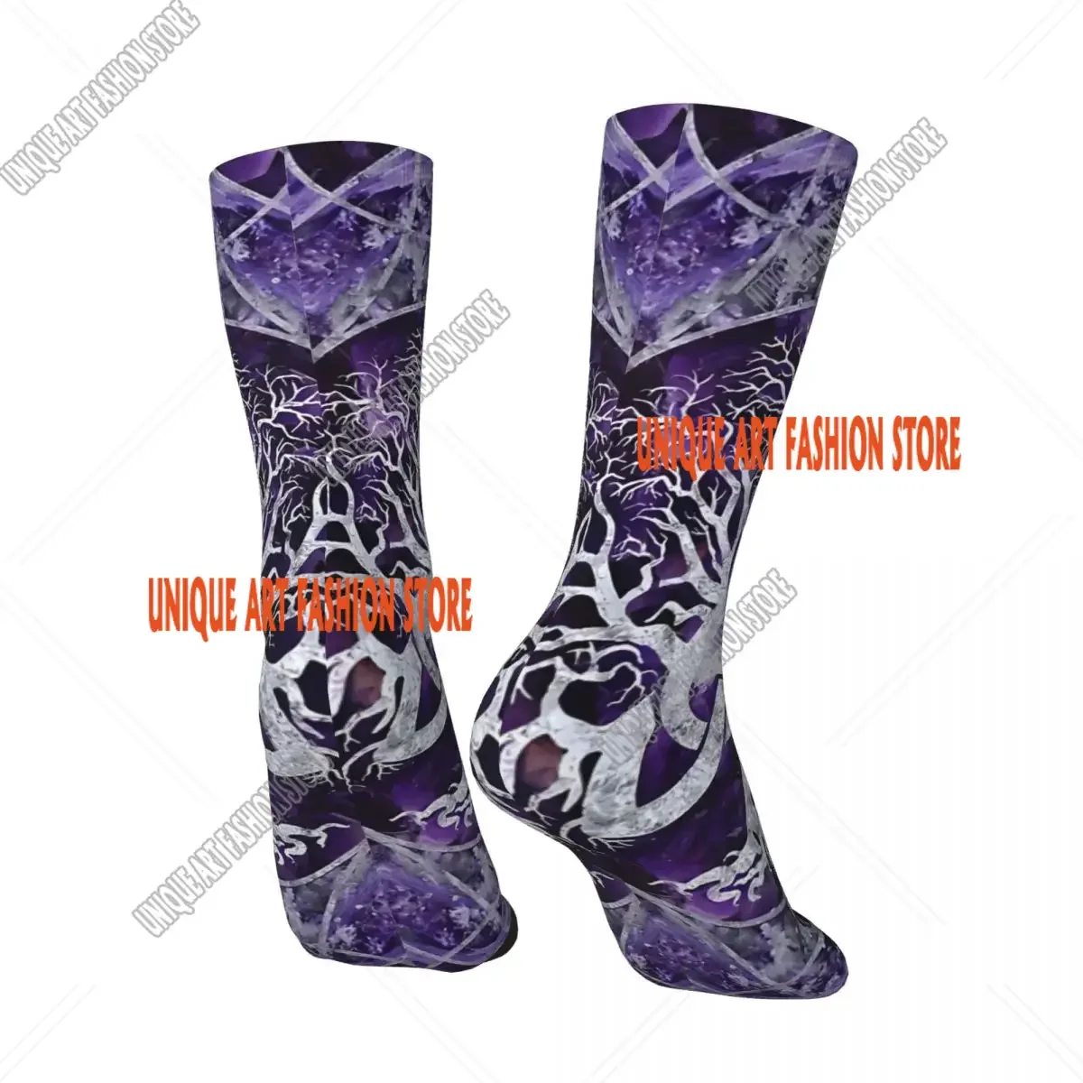 Tree Of Life With Triquetra Amethyst And Silver Men's Socks Retro Harajuku Street Style Novelty Seamless Crew Sock