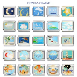 GEMOSA Italian Charm Blue Sea Beach Cloud Moon Star Link Fit 9mm Stainless Steel Bracelet Making DIY Beads Fashion Jewelry Gifts