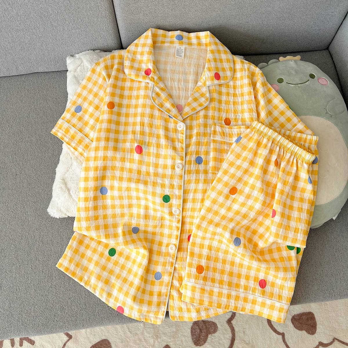 Women's Summer Pajamas, Thin Plaid Polka Dot Pattern Short-Sleeved Shorts, Sweet and Cute, Can Be Worn Outside in Summer, Two-Piece Home Wear Set