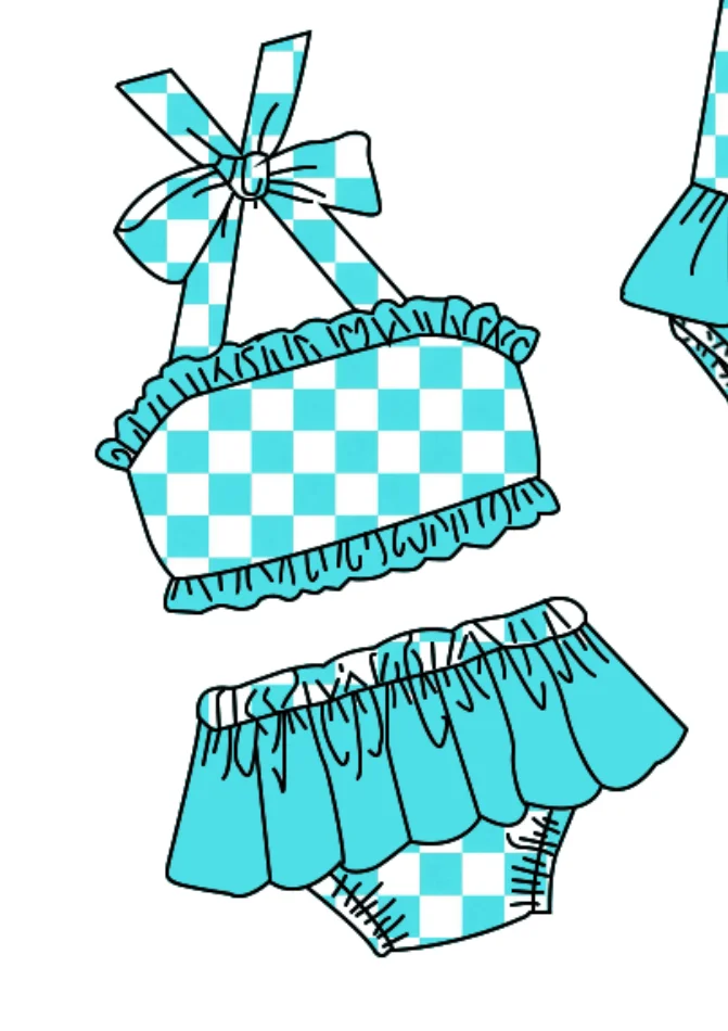 Boutique Summer Green Green Grid Girls Swimsuit with Suspender and One-piece Swimsuit Boys Swim Trunks Milk Silk