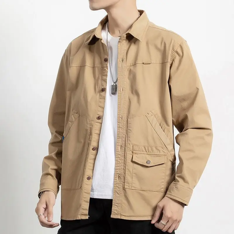 Men Long Sleeve Cargo Shirt Casual Cotton Shirts High Quality Camisa Militar Overshirt Brand Clothing Khaki Black Blouses BL825