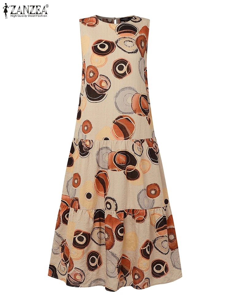 Zanzea algodão linho abstrato círculo impressão a linha vestido mulher verão moda o pescoço sem mangas em camadas roupões casuais midi vestidos